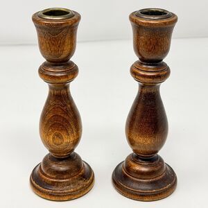 Vintage Hand Turned Wooden Candlestick Taper Holders Brass Insert 6.75” Pair
